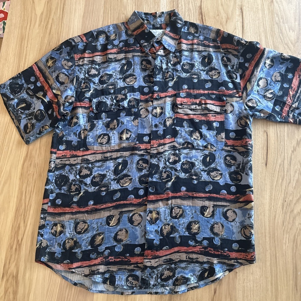 Vintage Goouch Shirt Mens Sz M  Multi Color 100% Silk Abstract Art Button Up 90s